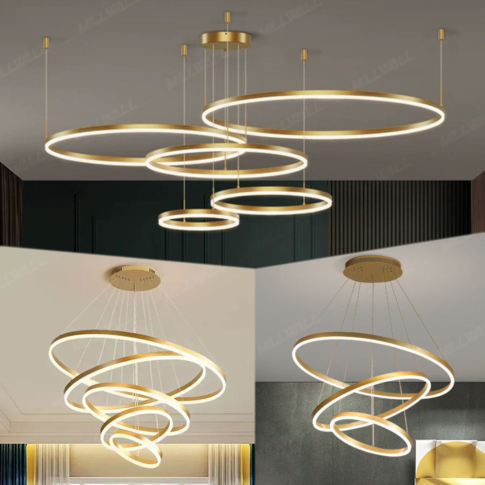 Modern Gold LED Ring Chandelier - Customizable Size and Color