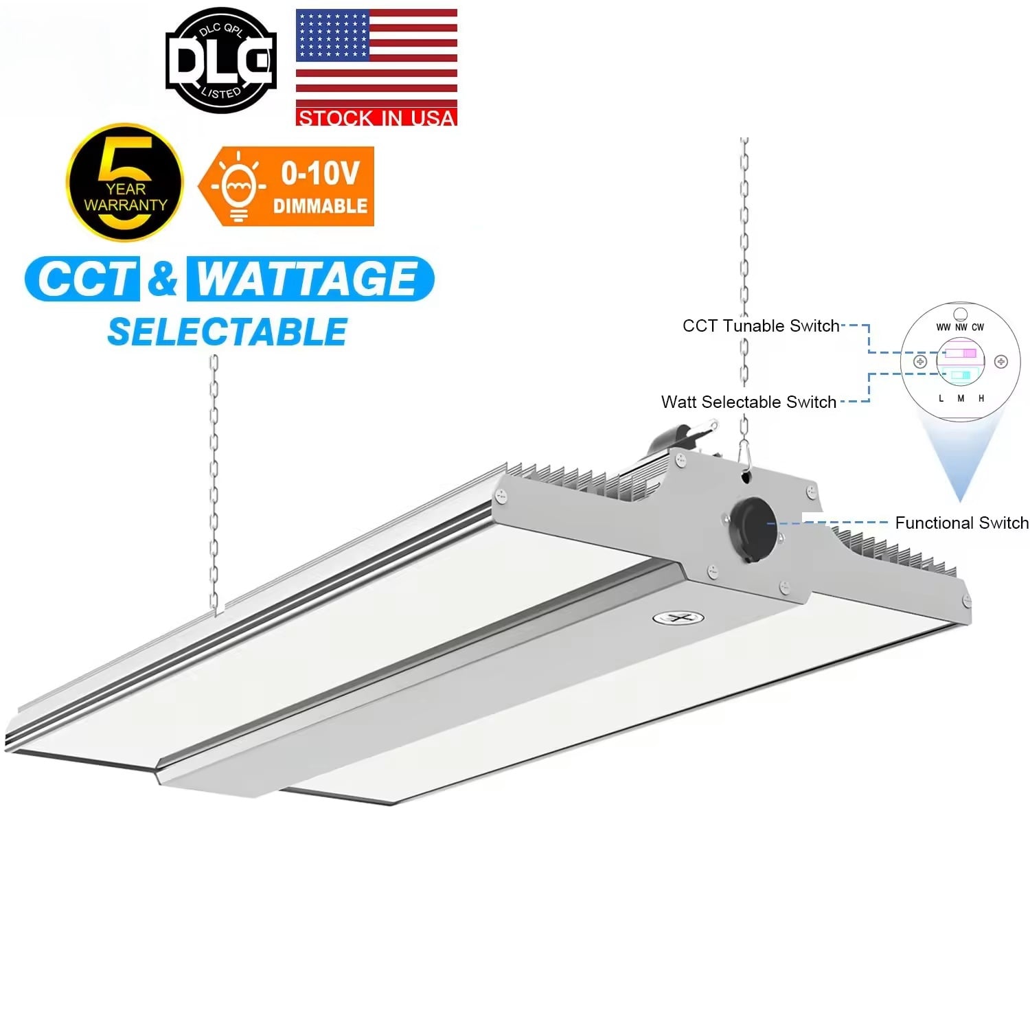 LED Linear High Bay Light - CCT (3000K-5000K) & Wattage Adjustable, 0-10V Dimmable, DLC Listed, for Warehouse and Industrial Lighting, 5-Year Warranty...