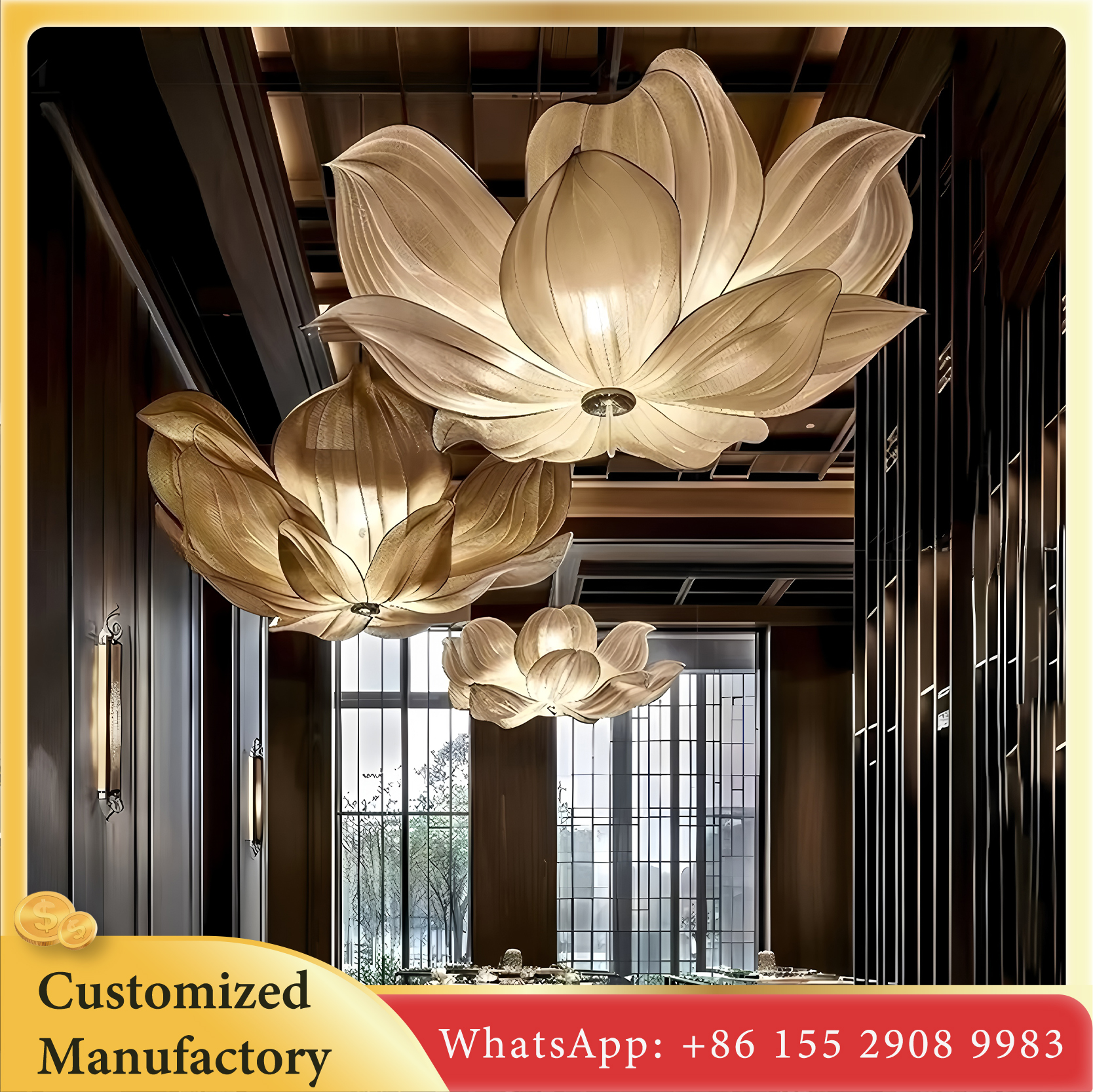 Chinese Style Duplex Stair Shape Flower Chandelier Hotel Dining Room Metal Villa Tea House Lotus Design for Living Room Middle