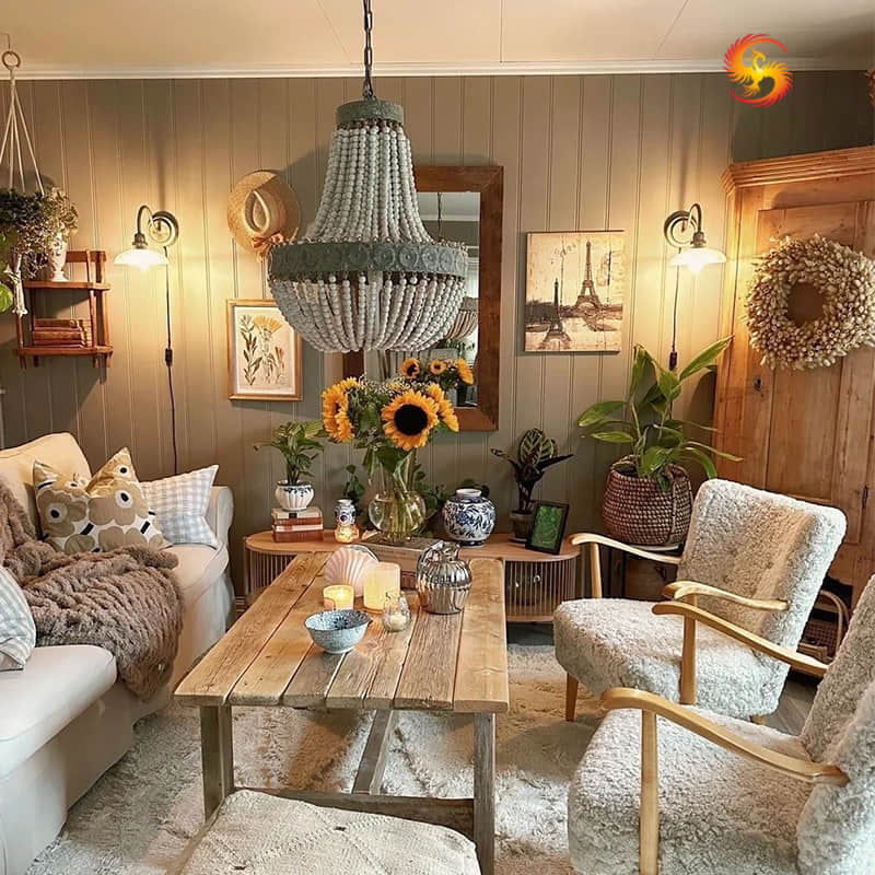 American Country - style Retro Wooden Bead Pendant Lamp