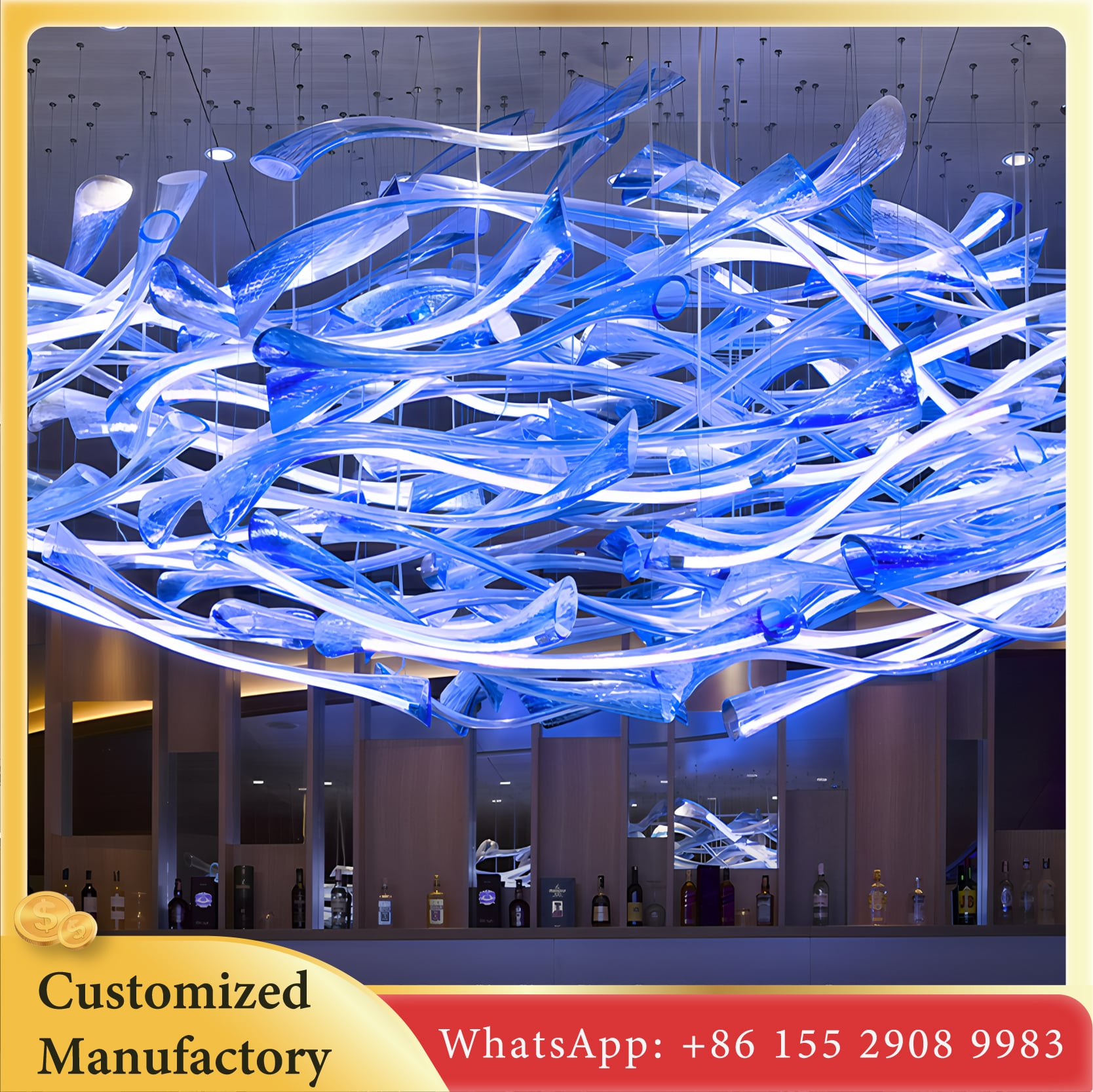 Artistic Blue LED Chandelier - Engineering Customization, Modern Luxury Design, for Hotel Lobby, Ballroom, and High-end Residential Spaces, Cool White Light     编辑  分享       
