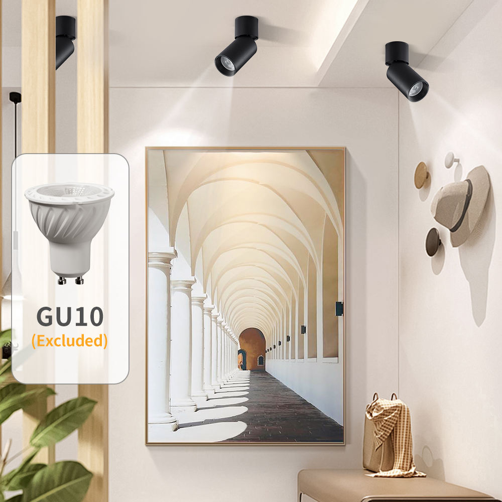 Adjustable LED Ceiling Spotlight - GU10 Base Required, Black/White Cylinder Surface Mount Light, for Indoor Accent Lighting in Living Room, Bedroom, and Hallway