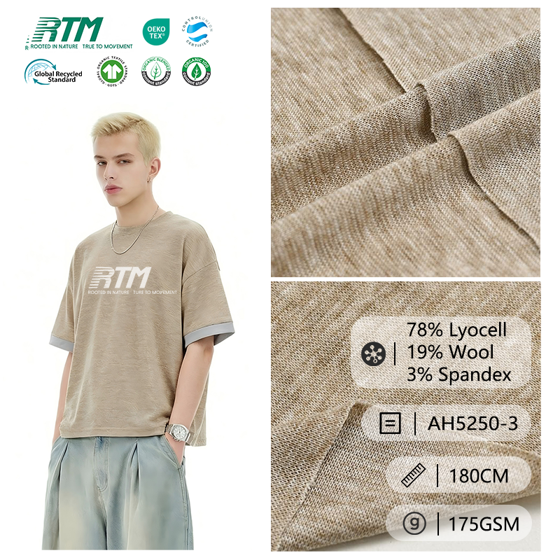 AH5250-3-Bolski dobavljač Visoka elastičnost Ekološki prihvatljiv Antibakterijski Mekan Toplo Pleteno 78Lyocell 19Vlna 3Spandex Rib tkanina Za djecu osnovni sloj majica