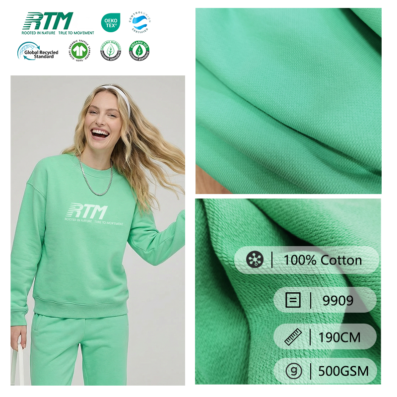9909-OEM/ODM، نسيج تيري مقاوم للتجاعيد ومُضاد للكهرباء الساكنة ودافئ من القطن النقي 100% بوزن 500 غ/م² وبتصميم يشبه حراشف السمك، مناسب للسويتشرتات الخاصة بفصلَي الخريف والشتاء