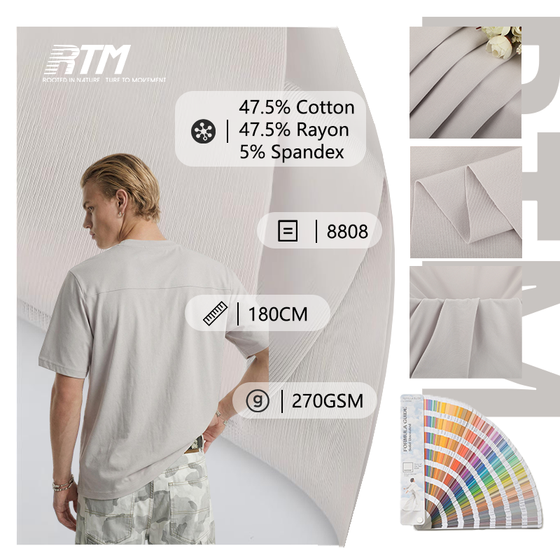8808-Low MOQ 270GSM Mediumweight Moisture-Absorbent Anti-Pill Anti-static Knitted Double-Sided Cotton Rayon Spandex Fabric For Long Sleeved T-shirt&Casual Wear