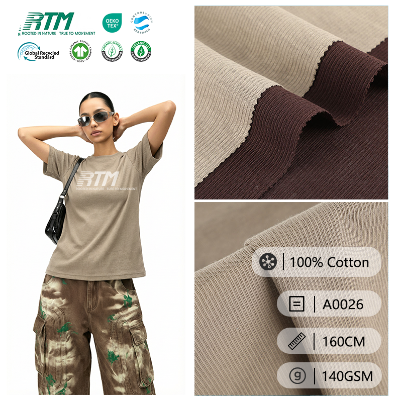 A0026-نسيج قطني خالص محبوك عالي المرونة وناعم ومرن ومرطب للبشرة وذو خاصية تهوية ممتازة، بمواصفات 50S مباشرة من المصنع، بنمط ريب 2×2، مناسب للقمصان الداخلية والسترات