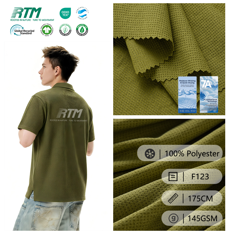 F123-Mataas ang Kalidad na 145GSM na Knitted na Anti-Shrink, Windproof, at Anti-Bakterya na 100% Polyester Waffle Fabric para sa Mga Top, Sportswear, at T-shirt