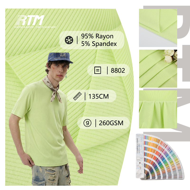 8802-Mataas na Estilo, Sukat Ayon sa Kagustuhan, Hinabi na Anti-Pill, Matibay, Malambot na 95% Rayon at 5% Spandex na Rib na Telang Para sa Vest at T-shirt