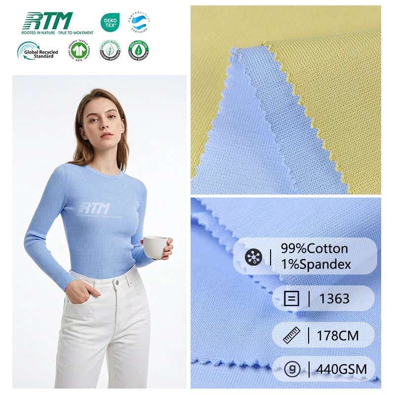 1363-Ultra-Durable 99% Cotton 2x2 Rib Knit Fabric 440gsm Wash-Stable Heavy-Duty for Sweatshirt Cuffs Hoodie Collars Hems