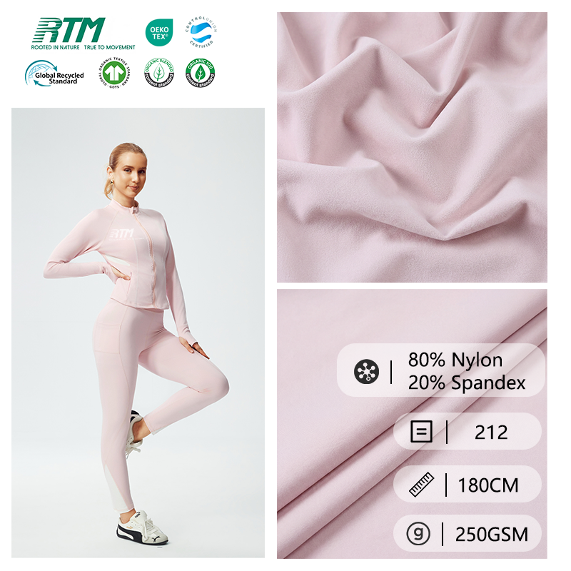 212–Groothandelsleverancier van stof: 250 g/m² mediumgewicht, anti-pilling, mat afgewerkte, milieuvriendelijke, zachte gebreide stof van 80% nylon en 20% spandex voor sportkleding, yogakleding en yogabroeken