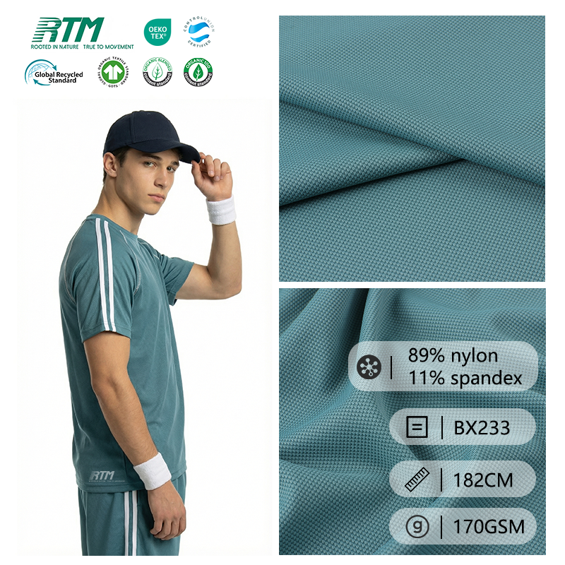 BX233-89%Nylon 11%Spandex 170gsm Quick-Dry Double Pique Knit Fabric for Polo Shirts Athletic Tees by the Yard