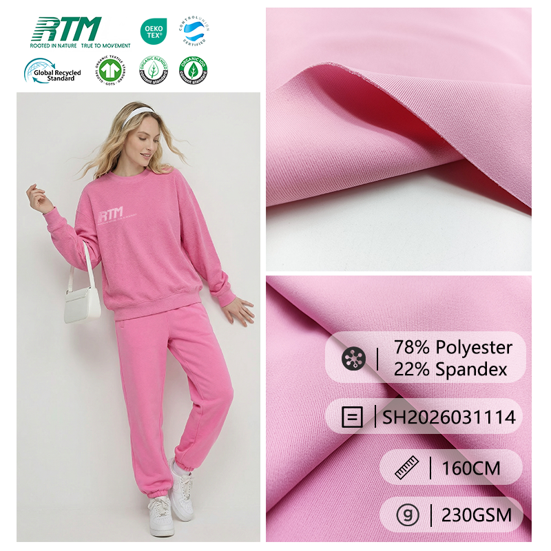 SH2026031114-230 q/qm orta çəkili, yüksək elastiklikli, maşında yuyula bilən, ekoloji dostluq baxımından uyğun, mat görünüşlü, geri dönüşümlü poliester-spandex trikotaj parçasi yoqa şalvarları və aktiv geyimlər üçün