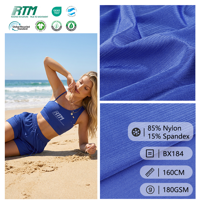 BX184-Yüksək modelli, müştəriyə uyğun ölçülü, yüksək elastiklikli, tam parlaq, xloradavamlı, sürətli quruyan, 85% nylon, 15% spandex-dən ibarət bir tərəfli trikotaj parça (swimwear və bikini üçün)
