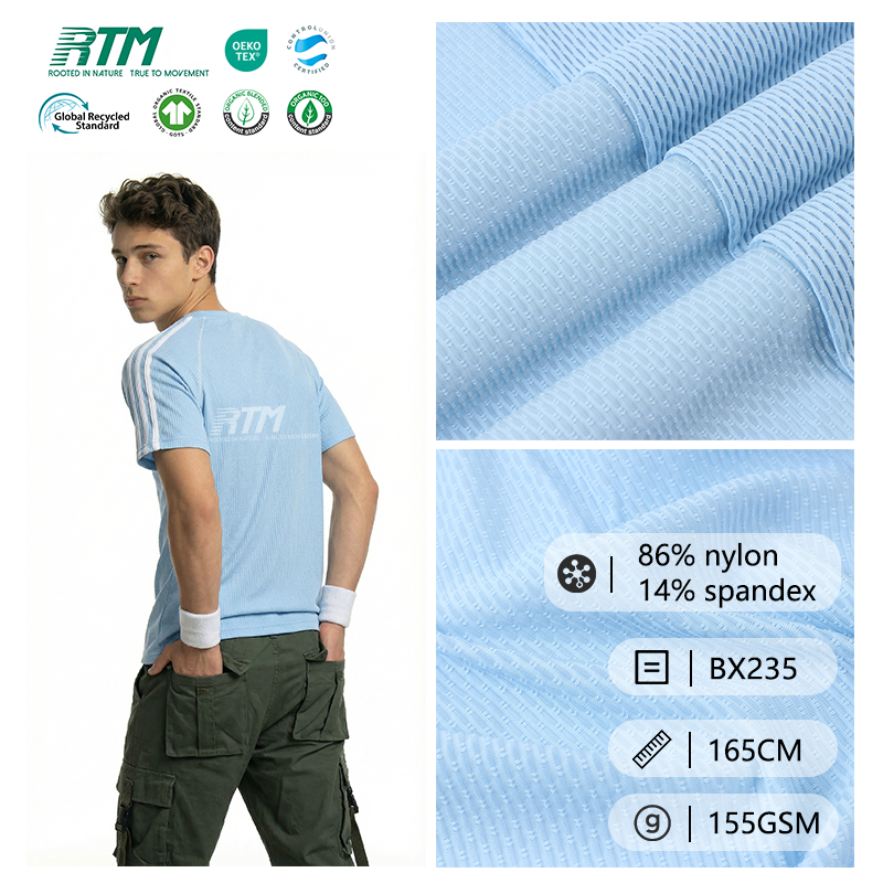 BX235-Factory Direct Ultra Soft 86% Nylon 14% Spandex Cool-Touch Matte Stripe Jacquard for UV Sun Tops Yoga T-Shirts by the Yard