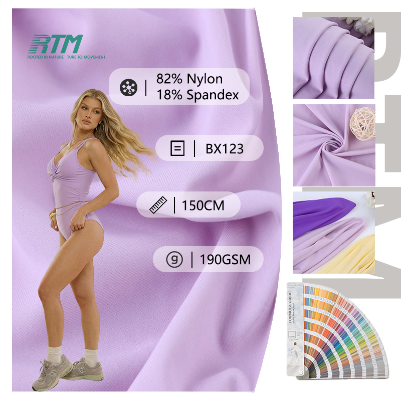 BX123-Običajena bojena boja 190GSM Visoka elastičnost Odolnost na hlor 82% Nailon 18% Spandex Jednostrana majica Tkanina za kupaće odjeće Sportsko i plesno odjeće