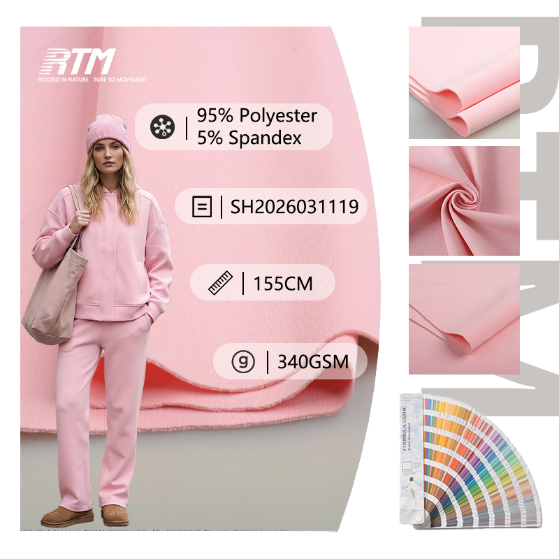 SH2026031119 – Yüksək keyfiyyətli, 340 q/ kv.m çəkili, elastik, ekoloji, tez quruyan, nəm udan triko reçikl edilmiş poliester-spandex parça; yoga və aktiv geyimlər üçün