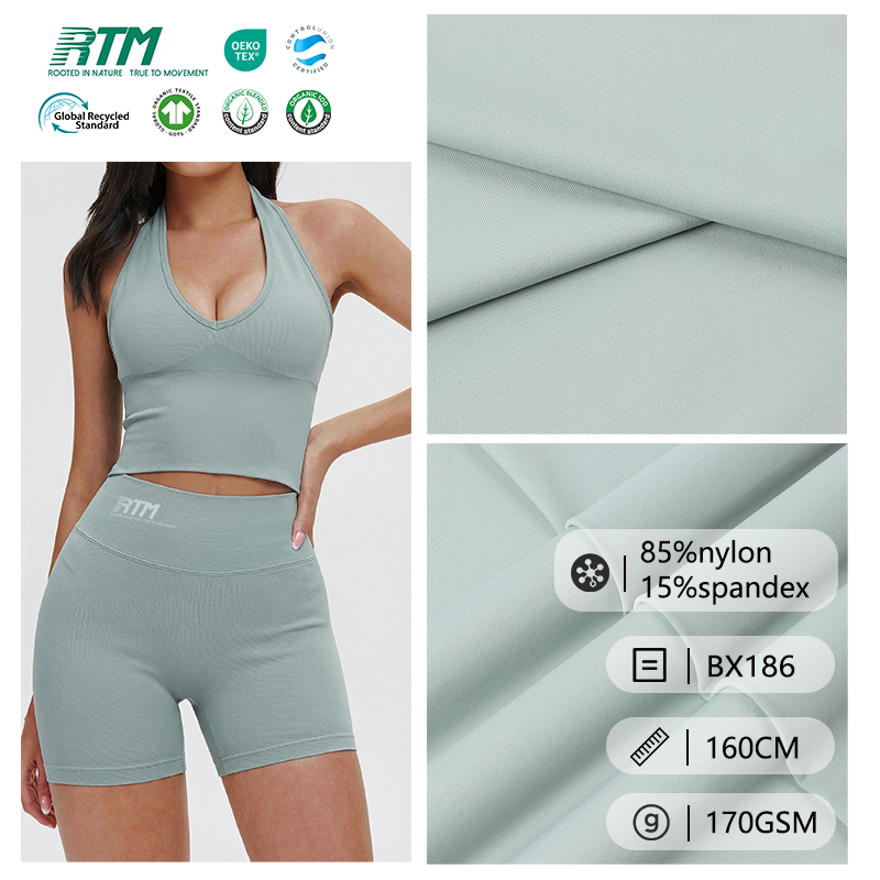 BX186-Toptan satılan, anbarda olan, 170 QSM yüngül çəki, tənəffüs edə bilən, yumşaq, tüklənməyə davamlı, 85% naylon və 15% spandex materialdan hazırlanmış yoga aktiv geyimləri və lejinqlər üçün örmə parça