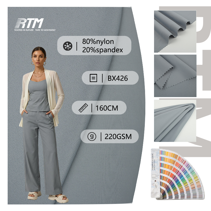 BX426—İstehsalat müəssisəsindən birbaşa təchizat: 220 q/m² yüksək elastiklikli, dəri dostu, yumşaq və rahat trikotaj parça (80% nylon, 20% spandex), fitnes geyimləri, idman geyimləri və yoga geyimləri üçün