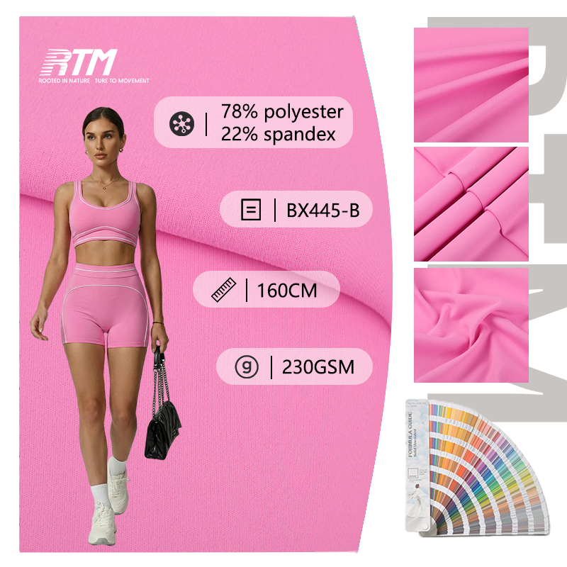 BX445-B-Xüsusi 230 Q/SM iki tərəfli fırçalanmış örmə sürətli quruyan yumşaq pilti əleyhinə 78% poliester, 22% spandex toxuculuq materialı (yoga geyimləri və idman geyimləri üçün)