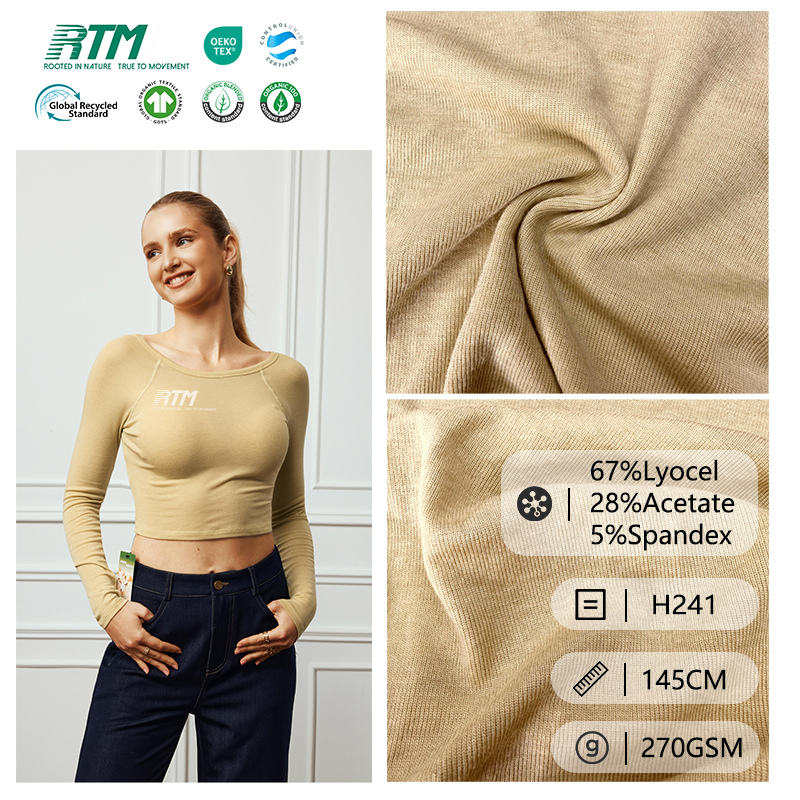 H241—Fabrikdən birbaşa təchizat: 270 QSM ekoloji dostu, davamlı inkişaf edən, dəri dostu, qırışmaya davamlı, 4 istiqamətdə uzanan trikotaj parçasi (67% Lioçel, 28% Asetat, 5% Spandex) qadınların yuxarı geyimləri və köynəkləri üçün