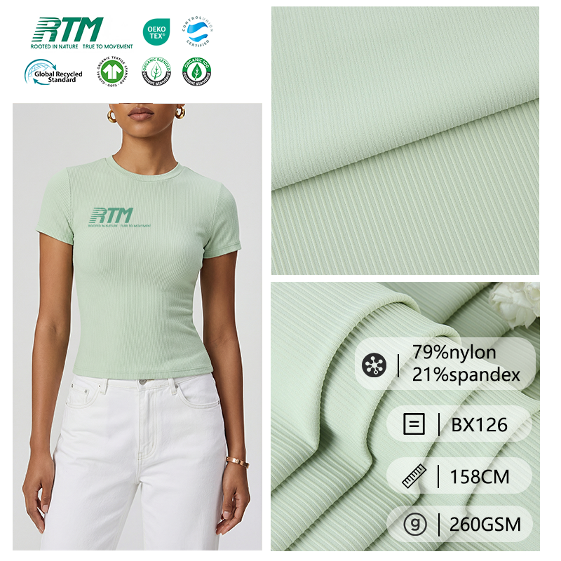 BX126-OEM/ODM 4-Way Stretch Soft Textured Striped Knitted 79% Nylon 21% Spandex Rib Fabric For Sport Yoga Clothing for Girls