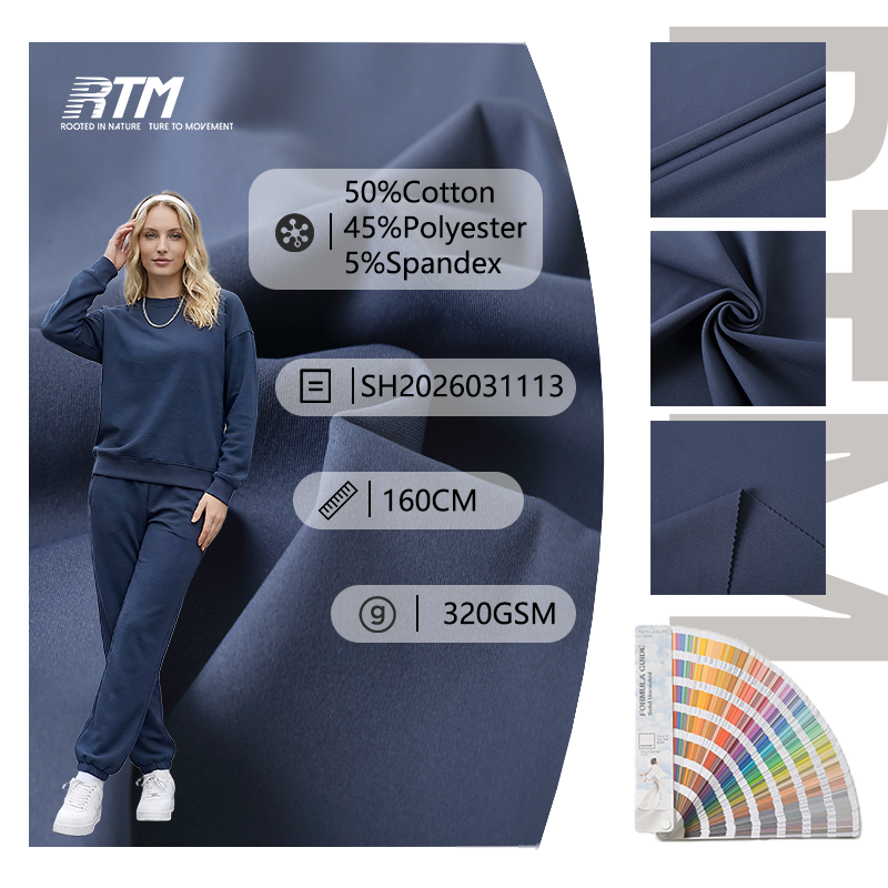 SH2026031113-OEM/ODM 320 q/qm ağır çəkili, rahat, davamlı və davamlı inkişaf etdirilə bilən trikotaj pamuk-poliester-spandex qarışığı parçasi yüksək performanslı leginqslər və gündəlik geyimlər üçün