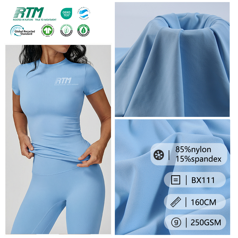 BX111-OEM/ODM 250GSM Medium Weight Knitted Breathable Quick Dry Durable 4 Way stretchy Polyester Spandex For Activewear Underwear Yogawear&Casual T-shirts