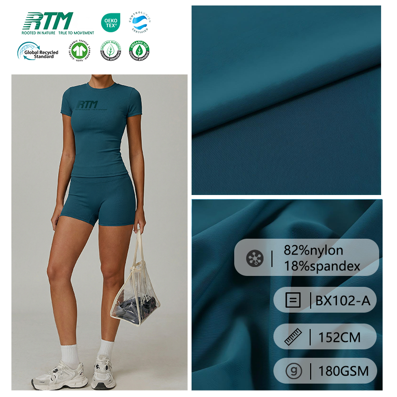 BX102-A—Matataas ang Kalidad, 40D, Malambot, Nakahinga, Luwag ang Fit, 4-way stretch na hinabi na tela na rib na may 82% nylon at 18% spandex para sa damit pang sayaw, yoga, aktibidad, at T-shirt