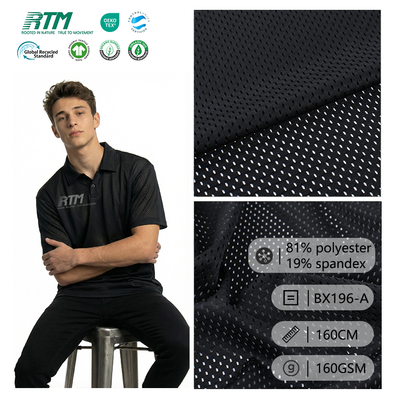 BX196-A-Polyester Spandex Mesh Fabric 160gsm Lightweight Cool Touch Breathable Four Way Stretch Knit Material for Sportswear T-Shirts