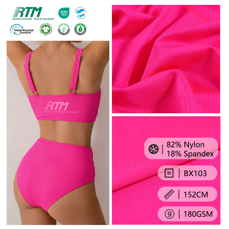 BX103 - قماش محبوك مقاوم للكلور ومقاوم للاحتكاك، ملائم جدًّا للجسم، بوزن ١٨٠ غ/م² وبحد أدنى من الكمية المطلوبة (Low MOQ)، يتكون من ٨٢٪ نايلون و١٨٪ سبانديكس، يستخدم في ملابس الرقص اللاتيني والملابس السباحية والليوتارد