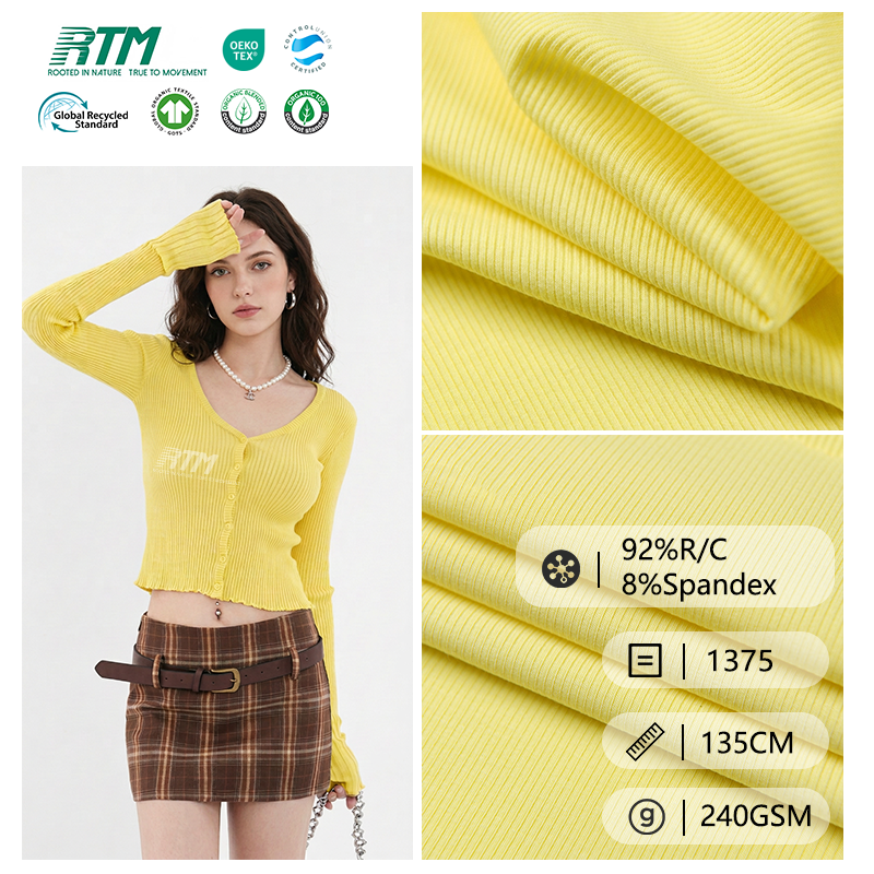 1375-Silky-Soft 92% Rayon 8% Spandex 2x2 Rib Knit Fabric 240gsm Moisture-Wicking Stretchy for T-Shirts Vests Base Layers