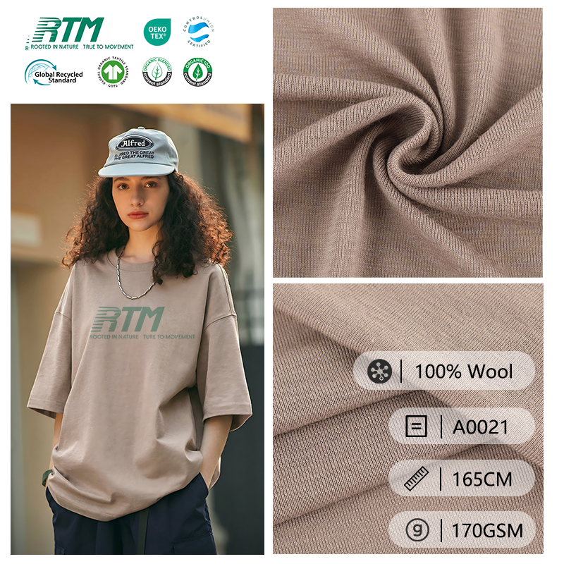 A0021-الأكثر رواجاً حالياً، صديق للبيئة، ناعم ومريح، نسيج محبوك بنسبة 100% صوف بنمط الحواف (1X1 Rib)، لملابس القاعدة (التيشيرتات والسترات)