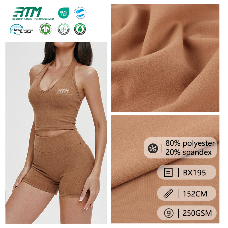 BX195–Yoga geyimləri və yoga şalvarları üçün xüsusi hazırlanmış, yüksək elastiklikli, iki tərəfli sadə toxunmuş qısa tüklü yumşaq buruşmaya davamlı poliester-spandex parçasi