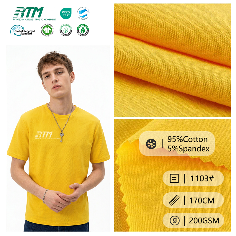 1103#-Tehtaan suora myynti, pehmeä ja hengittävä venyvä muotoa säilyttävä 32S CVC jersey-kangas, 95 % puuvillaa, 5 % spandexia, 200 g/m², t-paitoihin ja ylipaidoihin
