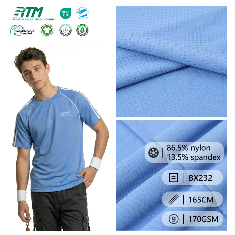 BX232-OEM/ODM Cool Feeling Soft Moisture Wicking Quick Dry Knitted 86%Nylon 14%Spandex Mesh Jacquard Fabric Dyed for T-Shirts Sportswear