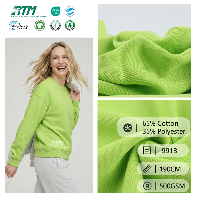 9913-Fast Delivery Time 500GSM Heavyweight Skin-Friendly Comfortable Anti-Bacteria Warm Knitted 65% Cotton 35% Polyester For Autumn Winter Trendy Hoodies &Casual Wear