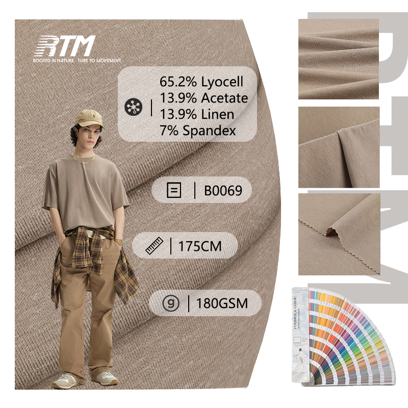 B0069-OEM/ODM، نسيج عادي خفيف الوزن وصديق للبيئة ومريح ومقاوم للتكتّل، وزن 180 غرام/م²، مكوّن من 65.2% ليوسيل و13.9% أسيتات و13.9% كتان و7% سبانديكس، مناسب للقمصان والقمصان غير الرسمية