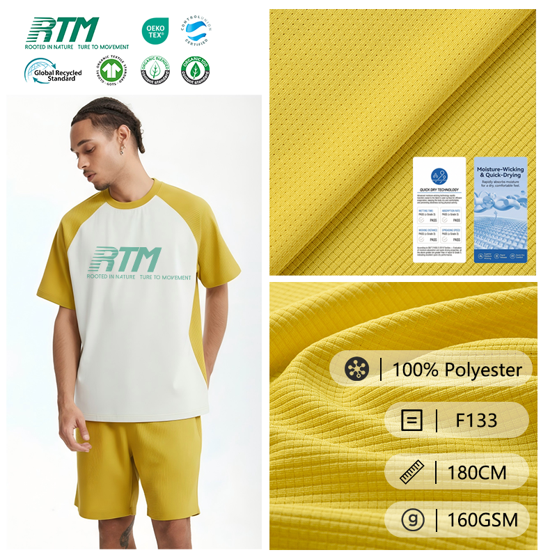 F133-160 q/m² yüngül, nəm udan, rahat, nəfəsalanma qabiliyyəti olan, 100% poliester tək jersey parça – T-shirtlər və açıq havada geyilən geyimlər üçün