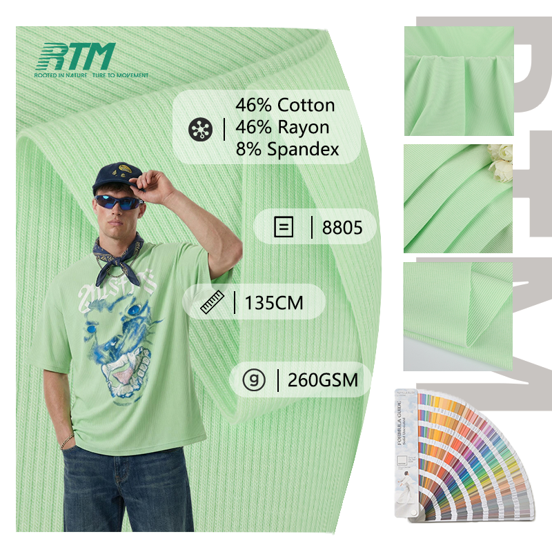 8805-İstəyə Uyğun Boyanmış Rənglər, Qırışa Davamlı, Statik Elektriyə Qarşı Yumuşaq Pamuk-Rayon-Spandex 2x2 Rib Ördük Parça (Payız-Qış T-Shirt, Üst Geyim və Geyim üçün)