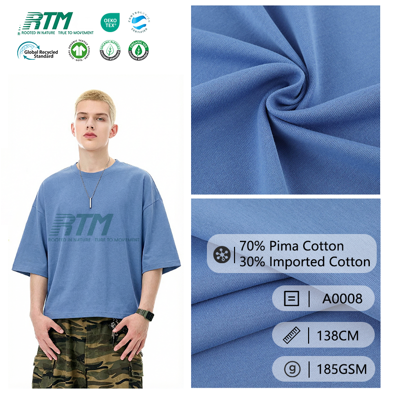 A0008 - Ultra-yumşaq, 185 Q/SM, biodegradasiya olunan, davamlı, 70% Pima pamuğu, 30% idxal edilmiş pamuklu rib trikotaj toxumu, bahar və yay üçün T-shirtlər üçün