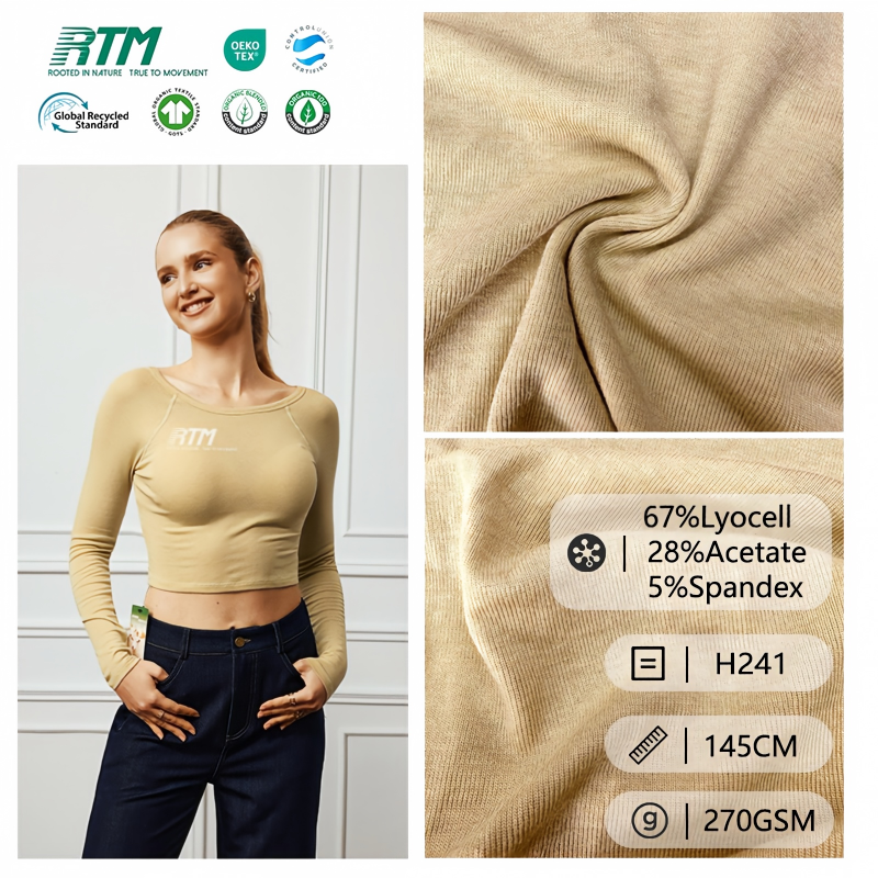 H241 – Přímo z továrny, ekologicky šetrný, udržitelný, příjemný pro kůži a odolný proti tvorbě vrásek 4-směrově pružný pletený materiál o gramáži 270 g/m², složení: 67 % lyocelu, 28 % acetátu, 5 % elastanu, vhodný pro ženské topy a šaty