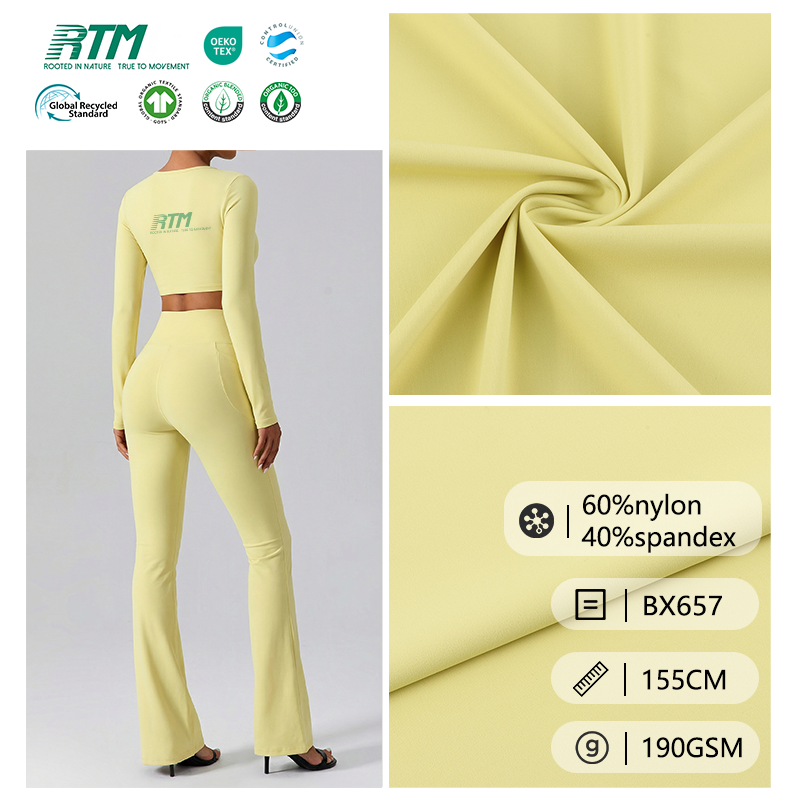 BX657 – Yüksək keyfiyyətli, 4 istiqamətdə uzanan, iki tərəfli trikotaj, sürtünməyə davamlı, qırışmaya davamlı, 60% nailon, 40% spandex toxumu, yoga geyimləri, leginslər və yoga şalvarları üçün