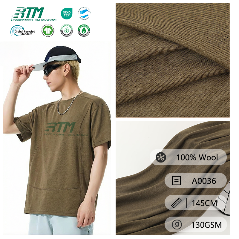 A0036-تصنيع حسب الطلب (OEM/ODM)، صديق للبيئة، قابل للتحلّل بيولوجياً، مقاوم للبكتيريا، نسيج محبوك بنسبة 100% صوف بنمط الحواف (1X1 Rib)، للسترات الرياضية والقمصان