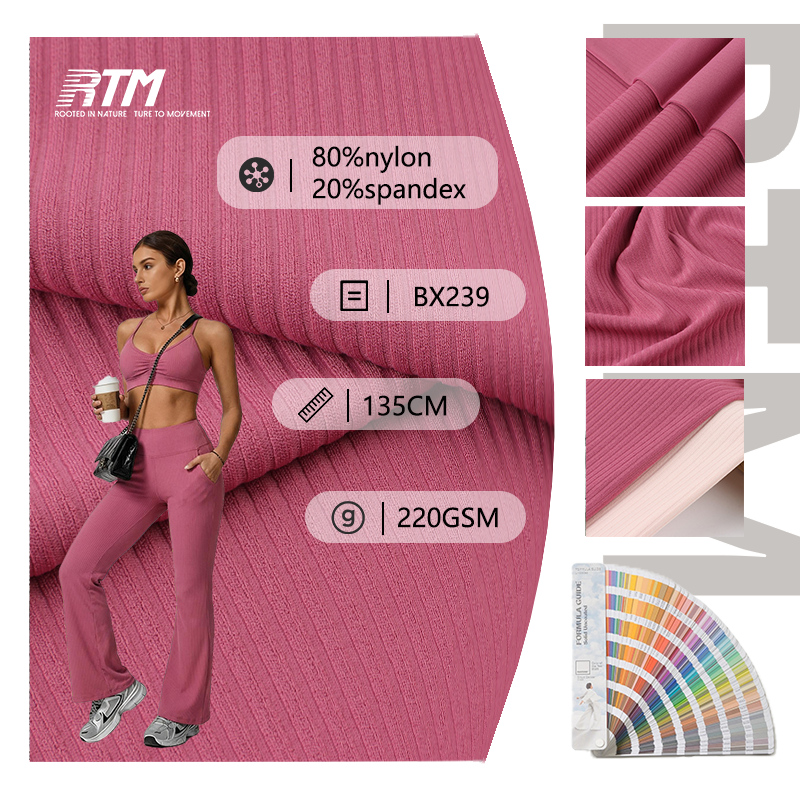 BX239-Mga Bestseller 220GSM na Katamtam ang Bigat, Malambot na Pakiramdam, Hindi Nagkukurap, Tinitiyak ang Labis na Pagkabulok na Knitted na 80% Nylon 20% Spandex na Rib na Panahon para sa Mga Pants sa Yoga at Pananamit sa Yoga