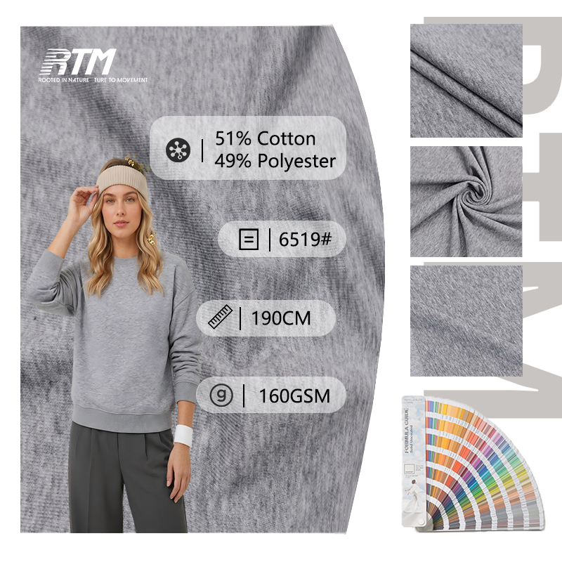 6519# – Lettvikt børstet fransk terrystoff med peached-overflate, myk berøring, pustende, 51 % bomull, 49 % polyester, 160 g/m², for sweatshirts, bukser og fritidsklær
