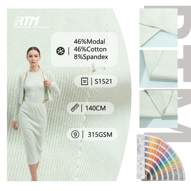 S1521-Silky-Smooth Modal Cotton 2x2 Rib Knit Fabric 315gsm High-Stretch Colorfast for Hoodie Trims Cuffs Dresses