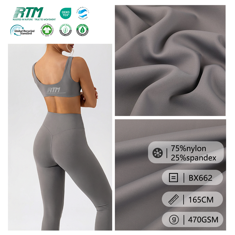 BX662-OEM/ODM 470 g/m² zwaar, hoogelastisch gebreid warm en kreukvrij weefsel (75% nylon, 25% spandex) voor sportkleding, yogakleding en thermische broeken