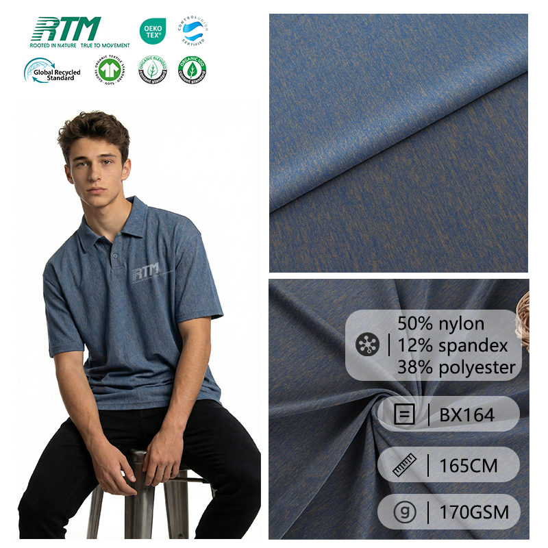BX164 – Fabrikk i Kina, grossist, tilpassede farger, strikket stoff med kjølig følelse og slitesterkt – 50 % nylon, 12 % spandex, 38 % polyester, for sportstøy og T-skjorter