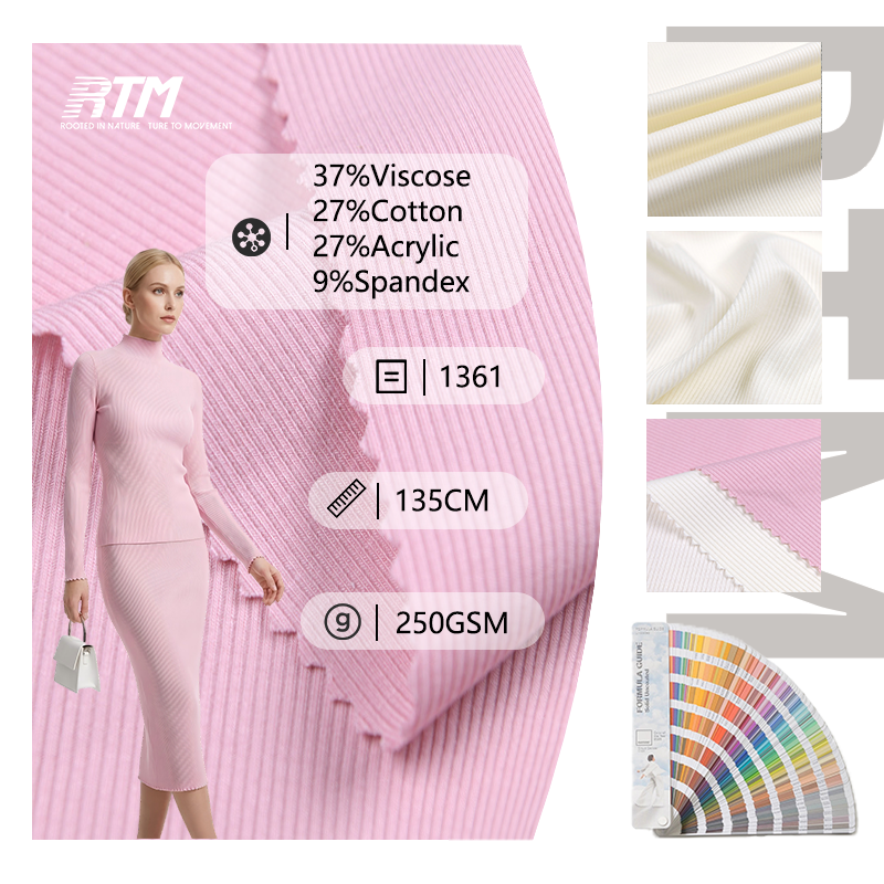 1361-Buttery-Soft 2x2 Rib Knit Fabric Viscose Cotton Acrylic Blend Four-Way Stretch 250gsm for Loungewear Tank Tops Base Layers