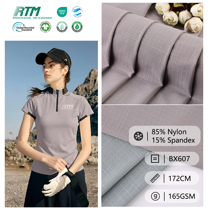 BX607-165 q/m² nəfəsalı, dəri hissi verən, rahat jakkard örmə nylon toxumu — yoga, idman və qolf köynəkləri üçün